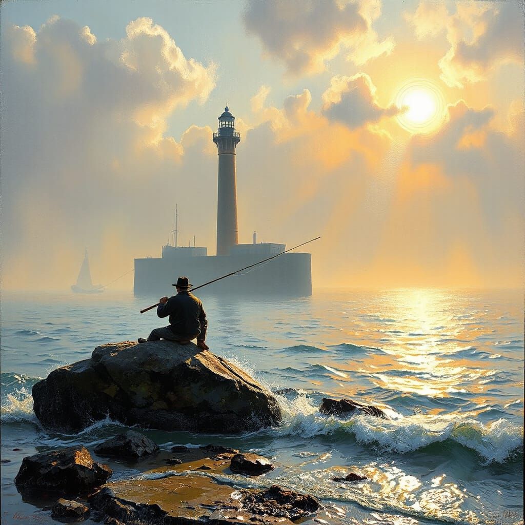 Seascape Oil Painting of Seine River Mouth with Fisherman