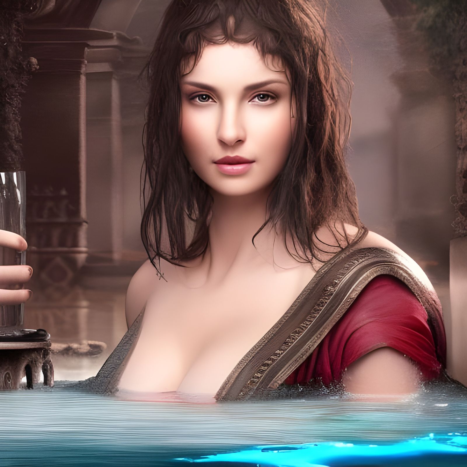Beautiful Woman in Roman Pool, Detailed Matte Painting