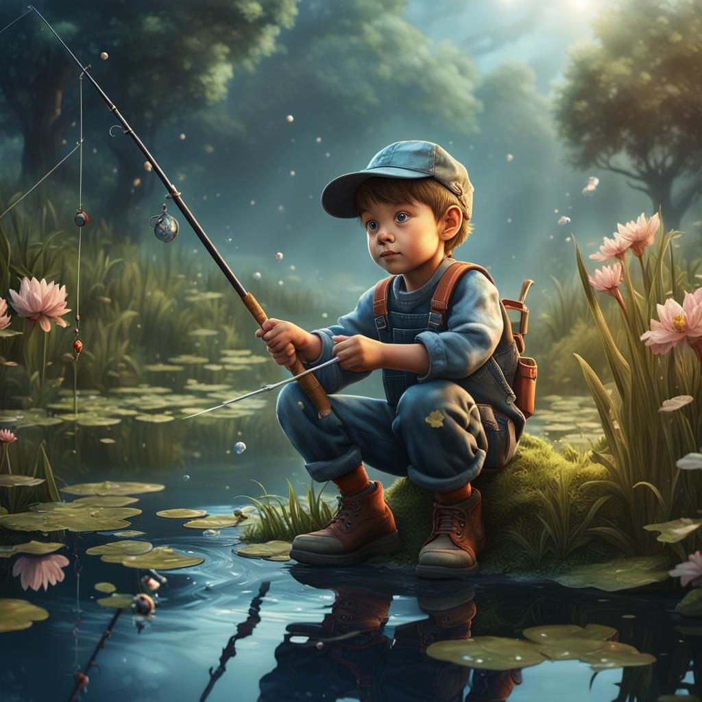 Boy Fishing in Pond: Detailed Matte Painting