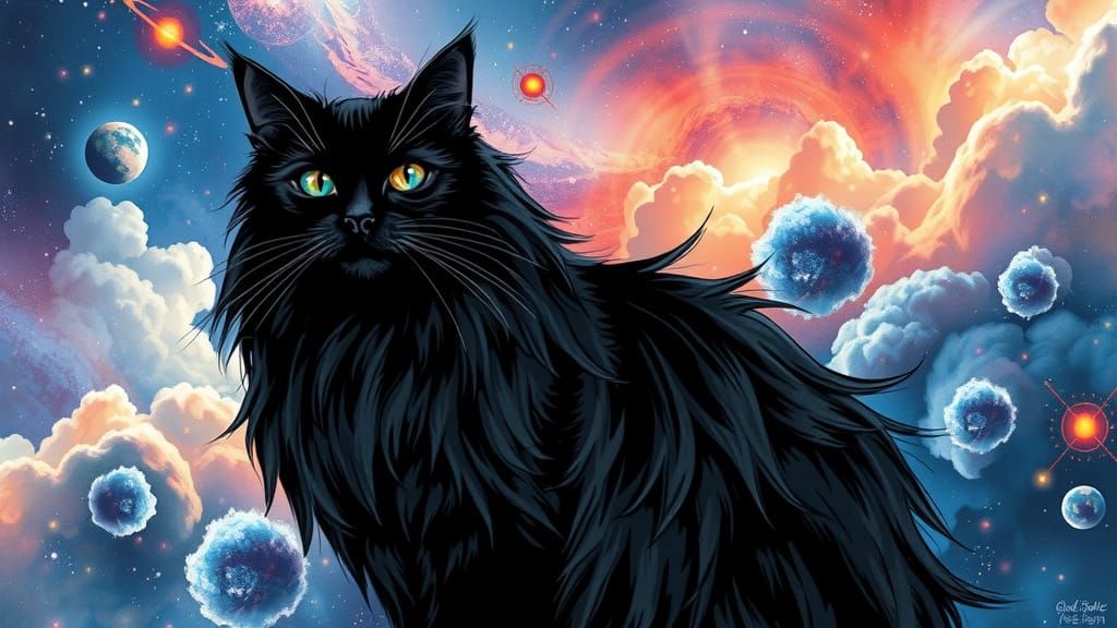 Cosmic Cat in Ink Wash Nebula Scene