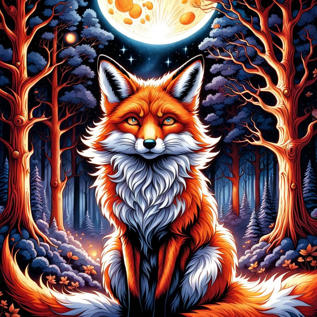 Fox in Burtonesque Forest, Watercolor with Twinkling Stars