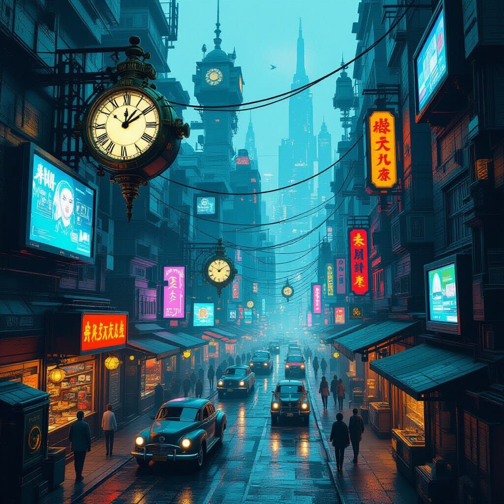 Cyberpunk Cityscape with Clockwork Mechanisms