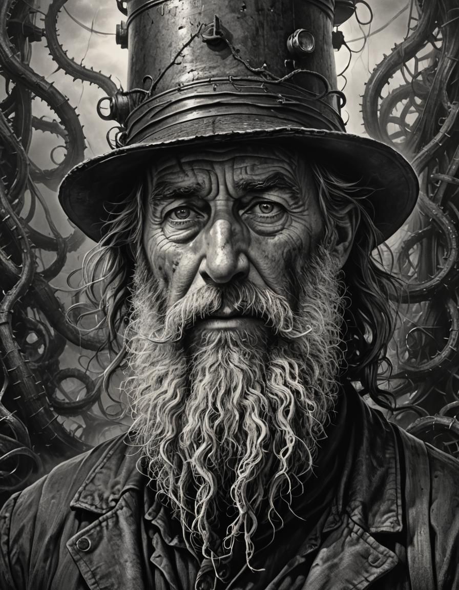 Monochrome Portrait of Lighthouse Keeper with Tentacles