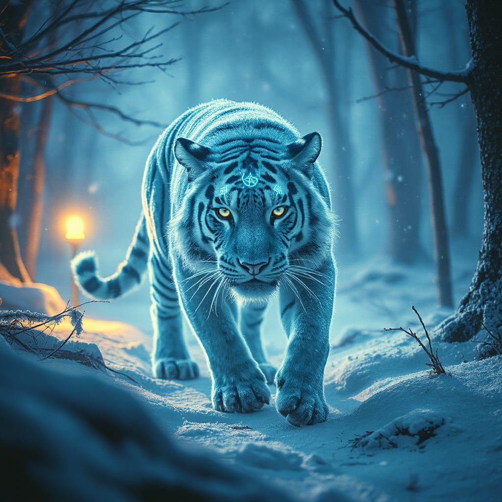 Ghostly Tiger Prowls Frozen Forest in Surreal Style