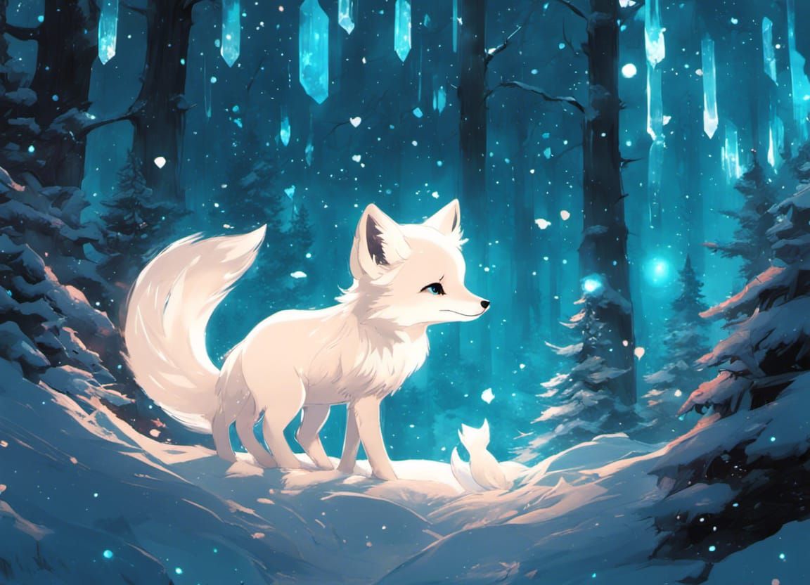 Constellation Fox Cub in Bioluminescent Snow Forest