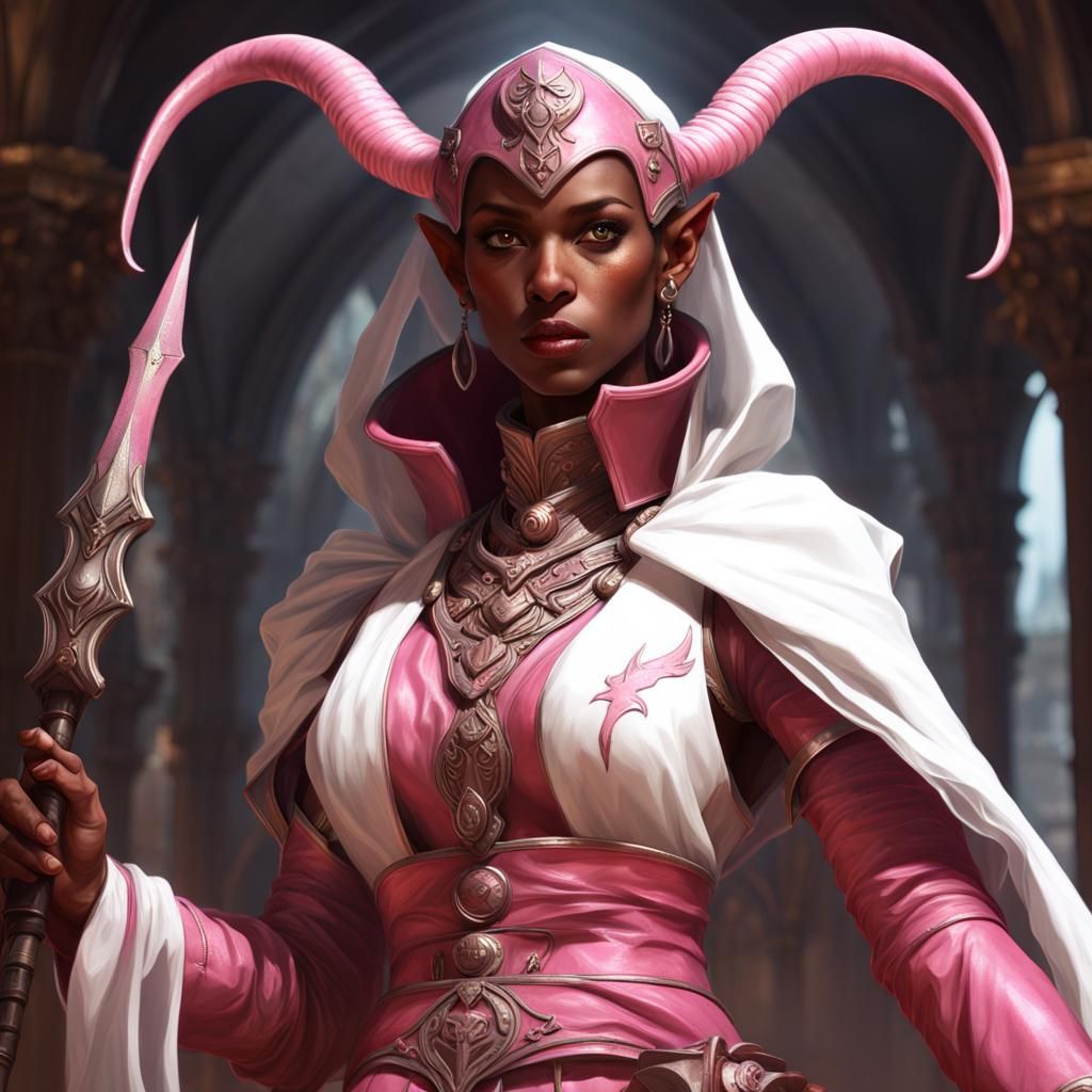 Pink Tiefling Cleric in White Robes, Dark Fantasy Art