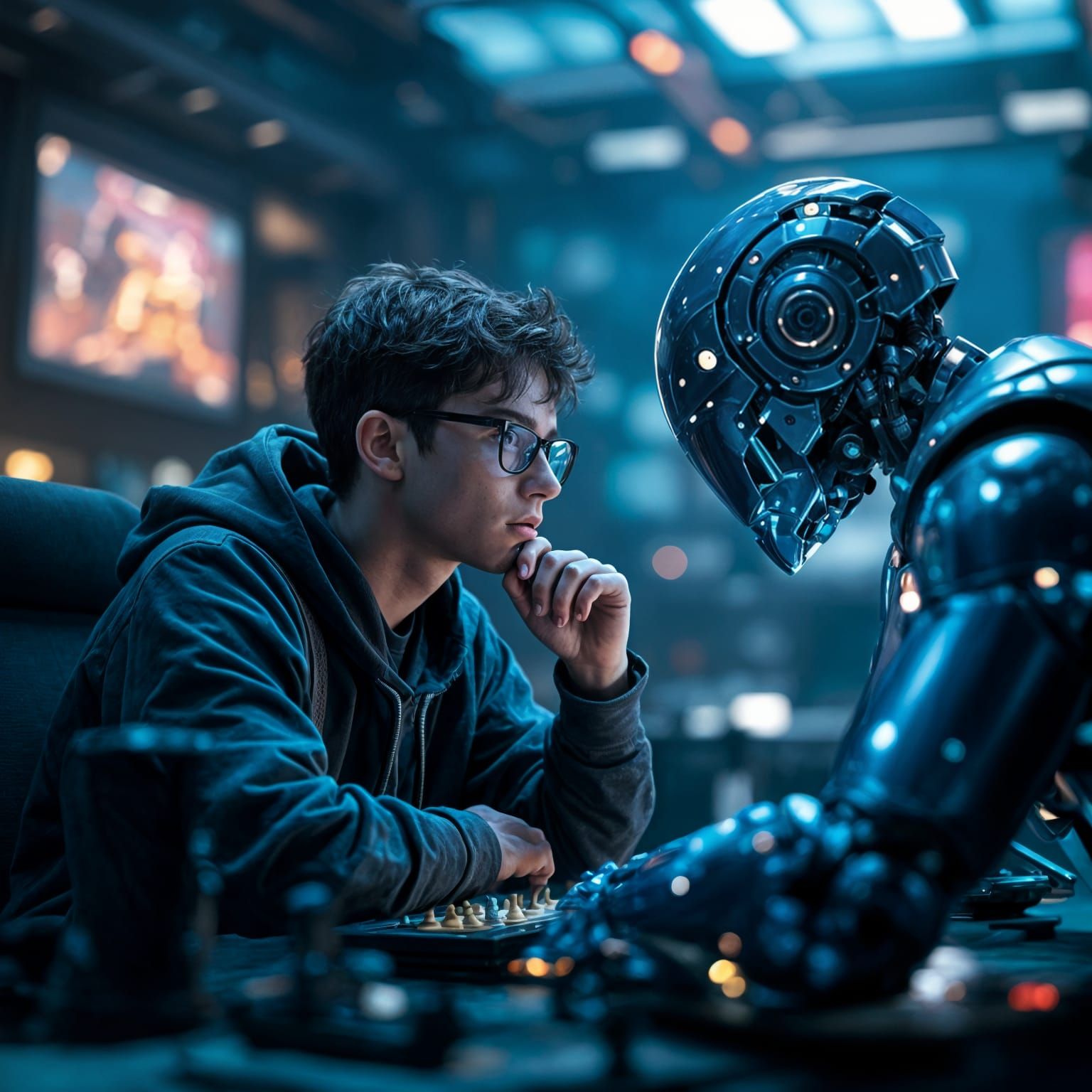 Teen Plays Chess with Blue Robot in Futuristic Setting