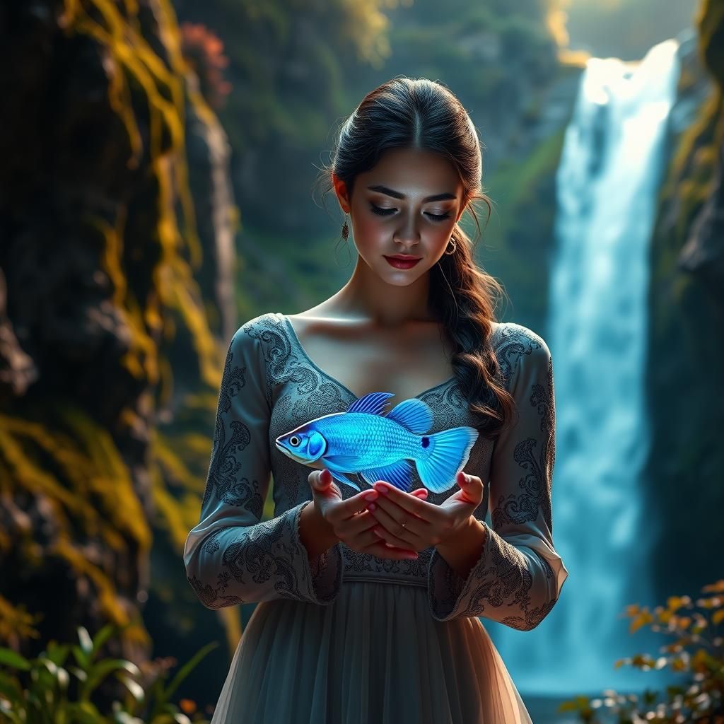 Woman with Iridescent Fish by Bioluminescent Waterfall