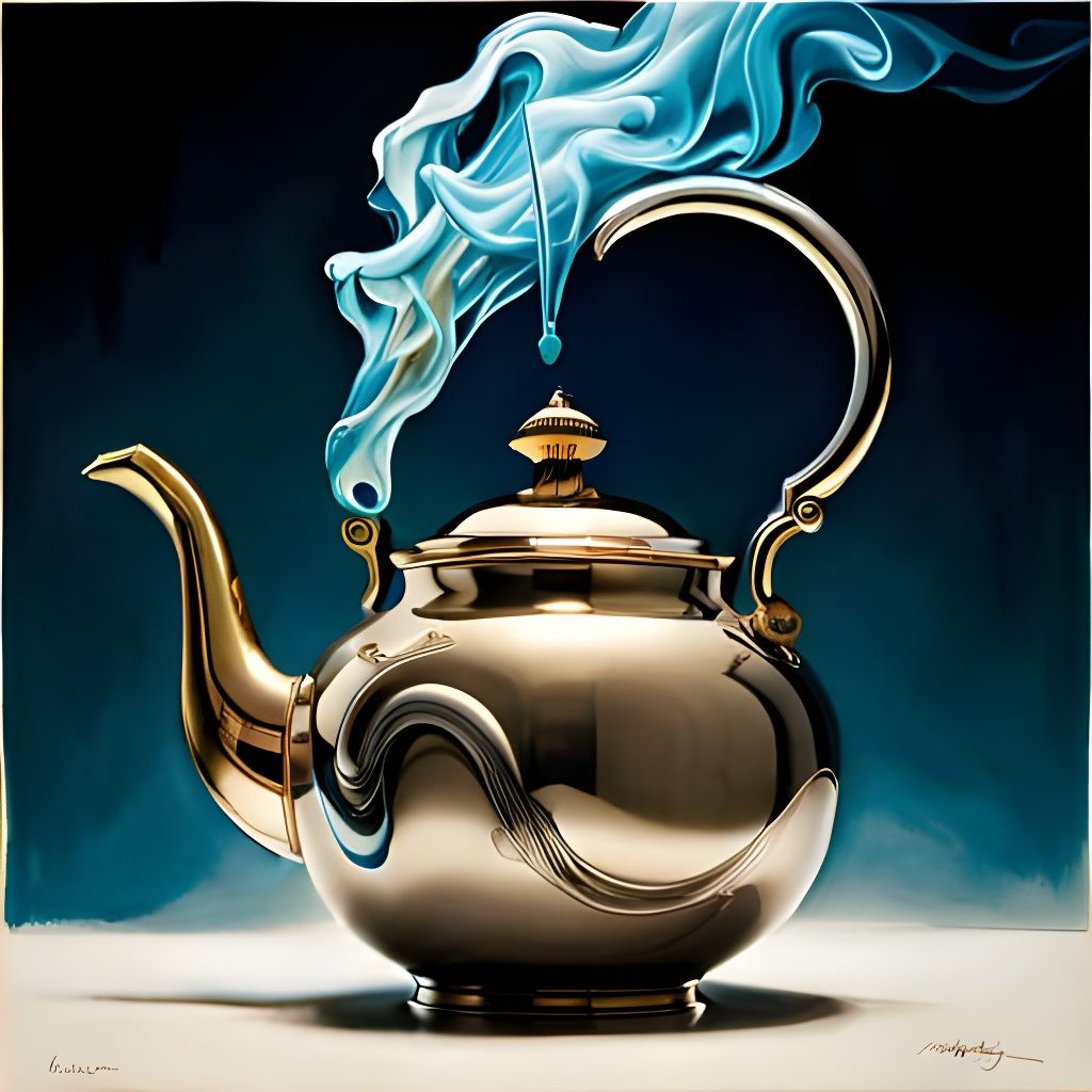 Steaming Chrome Teapot in Detailed Gouache Style