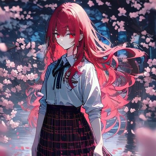Japanese Schoolgirl with Pink Hair and Red Eyes in Cherry Bl...