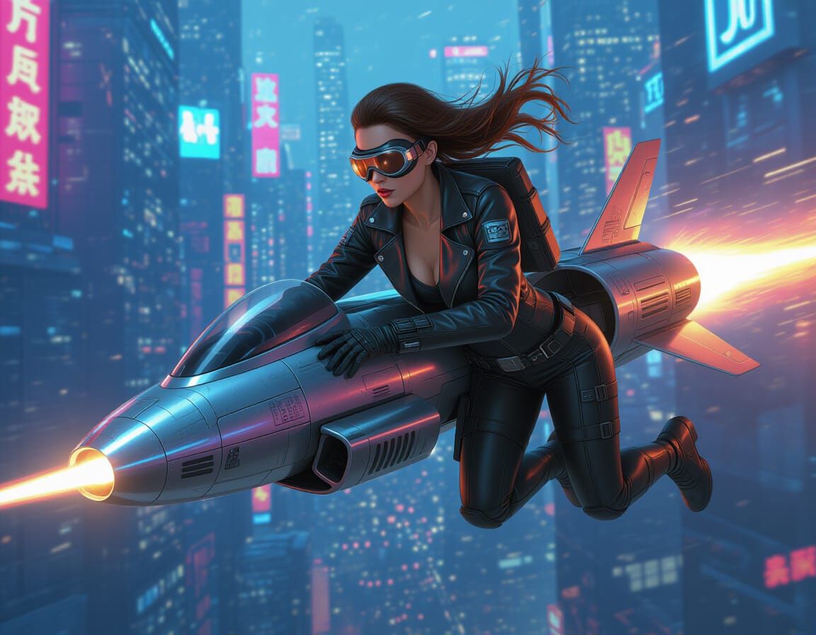 Bounty Hunter Soaring Through Futuristic City