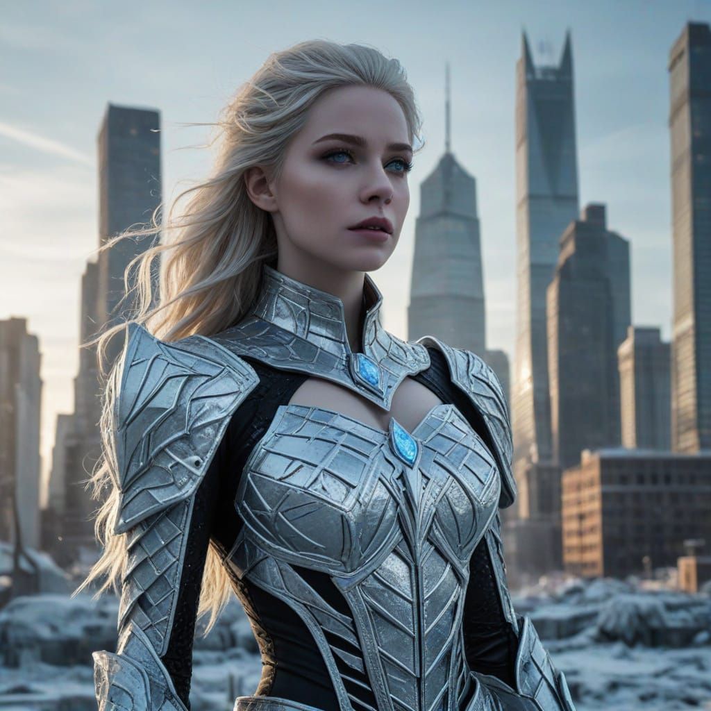 Icy Superheroine in Ruined Frozen Cityscape