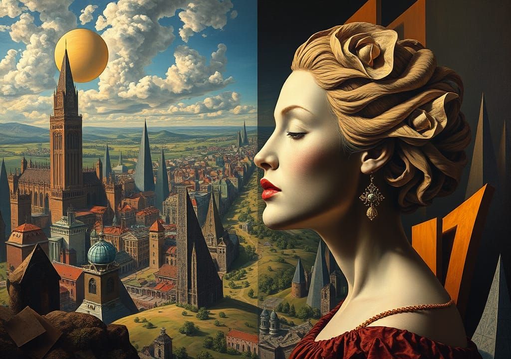 Surreal Geometric Portrait in Oil, Vibrant Colors