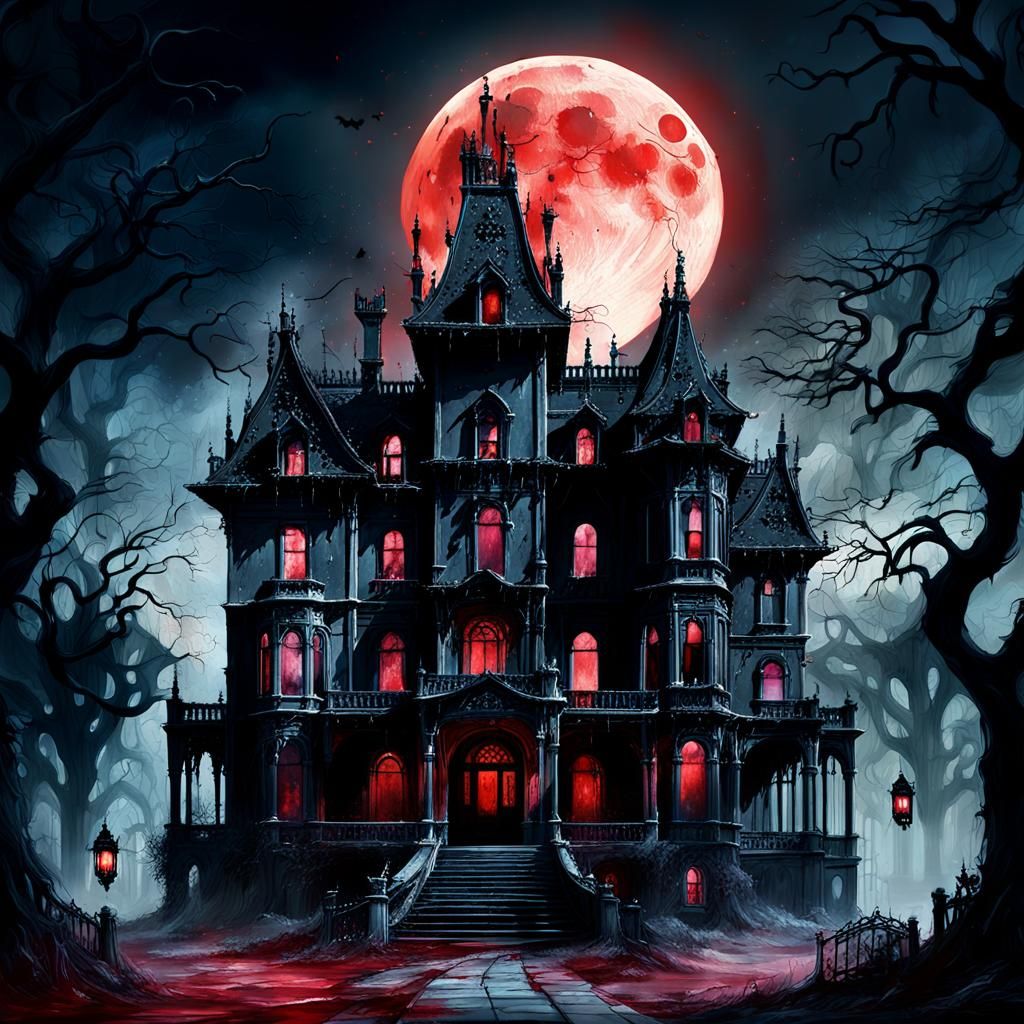Ruined Gothic Mansion Under Blood Moon: Digital Watercolor