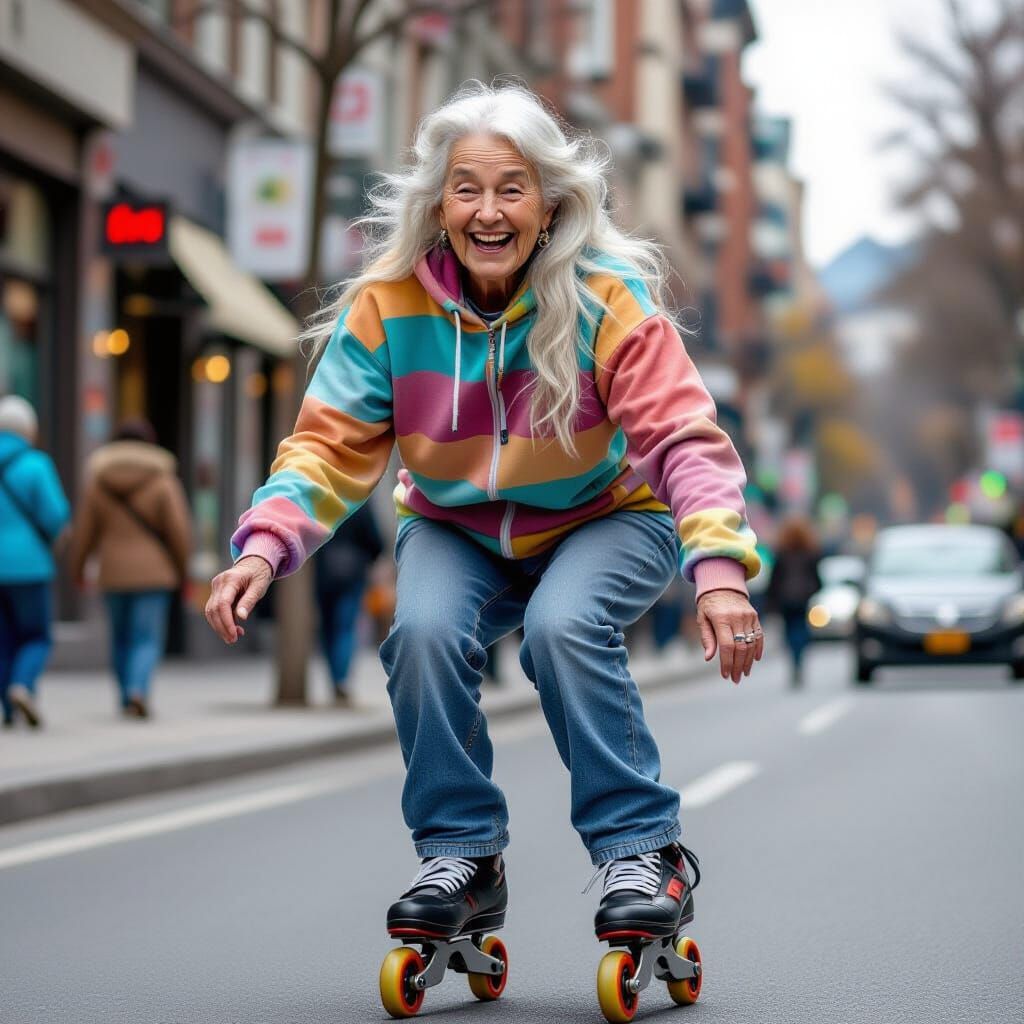 Elderly Woman Laughing While Skating Down Street