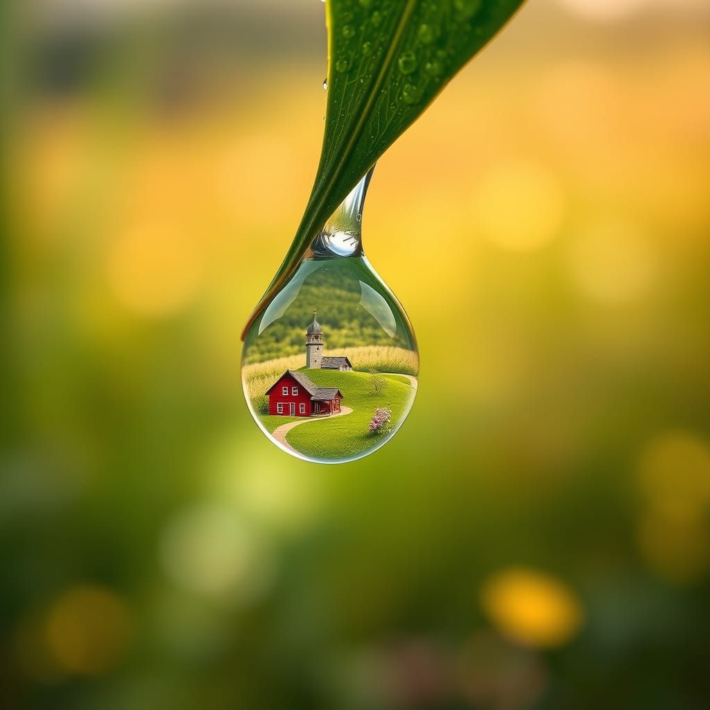 Crystal Raindrop on Green Leaf Reflecting Idyllic Countrysid...