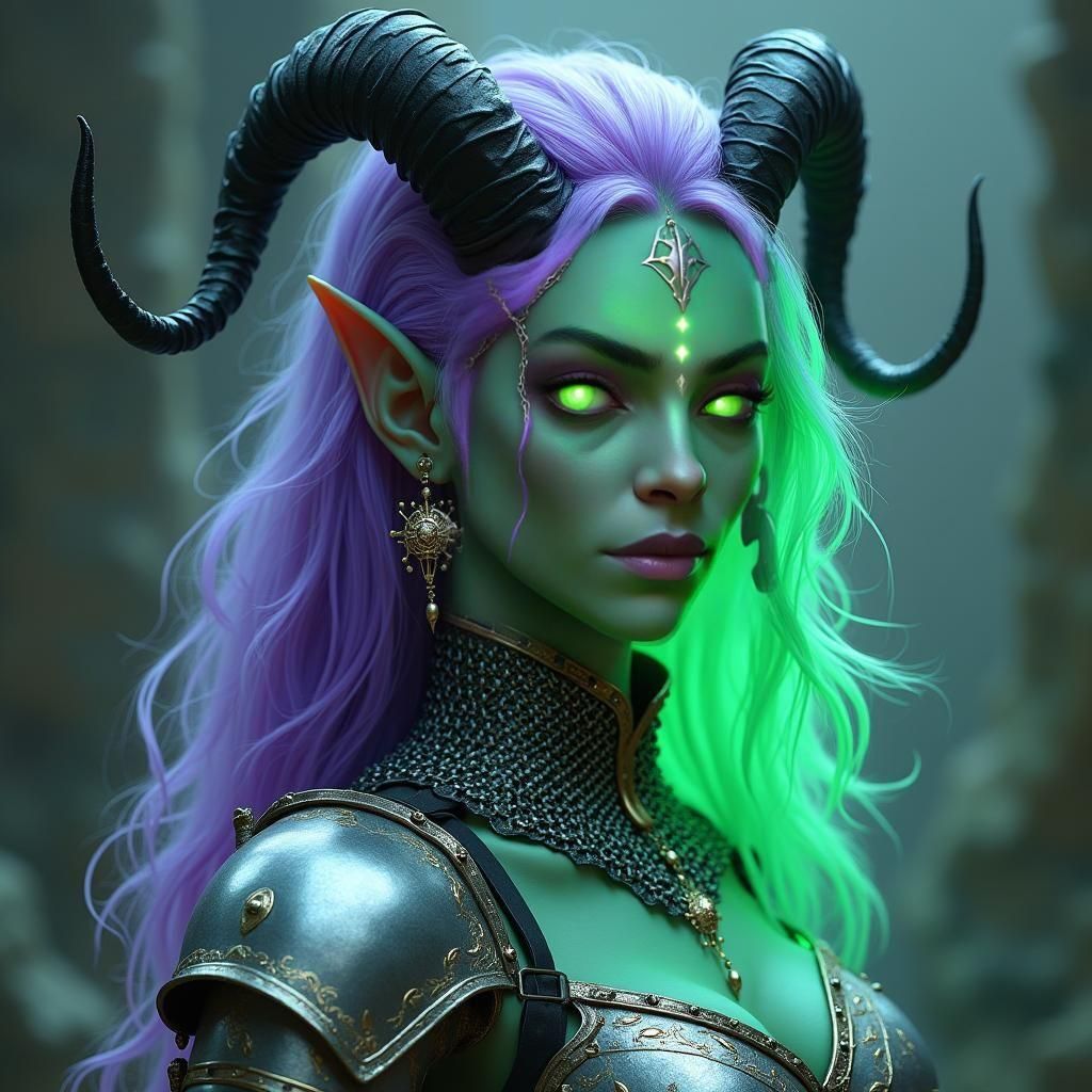 Tiefling Cleric with Green Skin and Violet Hair