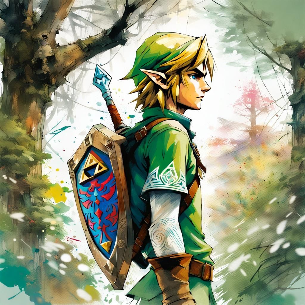 Link in Park: Watercolor Mixed-Media Art