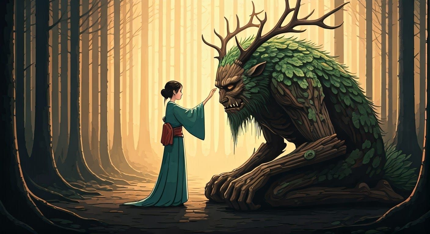 Ukiyo-e Woodblock Print: Maiden and Moss Beast