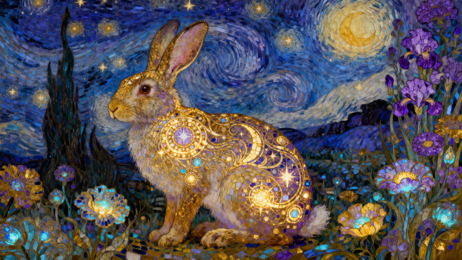 Majestic Rabbit Under Lapis Sky with Bioluminescent Flowers
