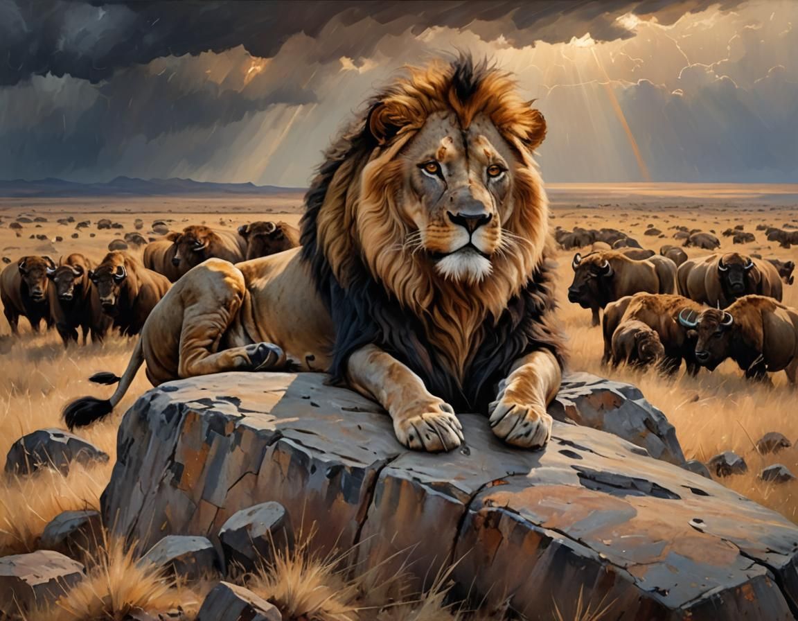 Lion Overlooks Savannah as Impressionist Oil Painting