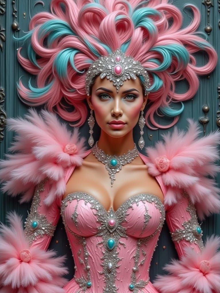 A beauty mature woman with punk hairstyle, wearing pink bodice sleeves with long neckline and smiling with joy, caramel ...