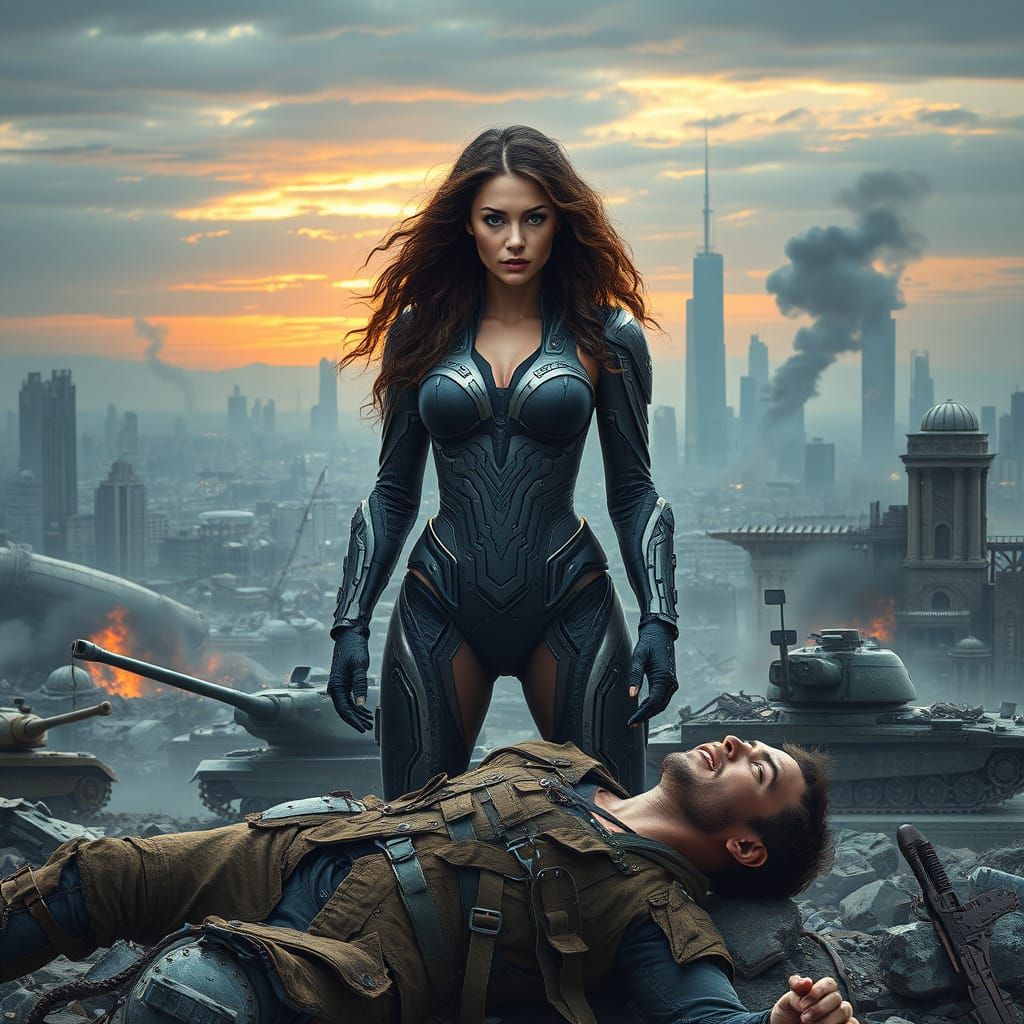 Victorious Woman Warrior in Cyberpunk Exosuit, Defeated Man ...