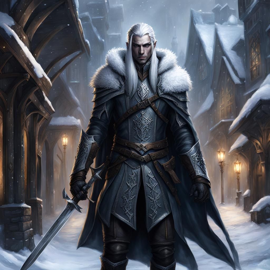 Elven Warrior in Drow Armor on Snowy Street