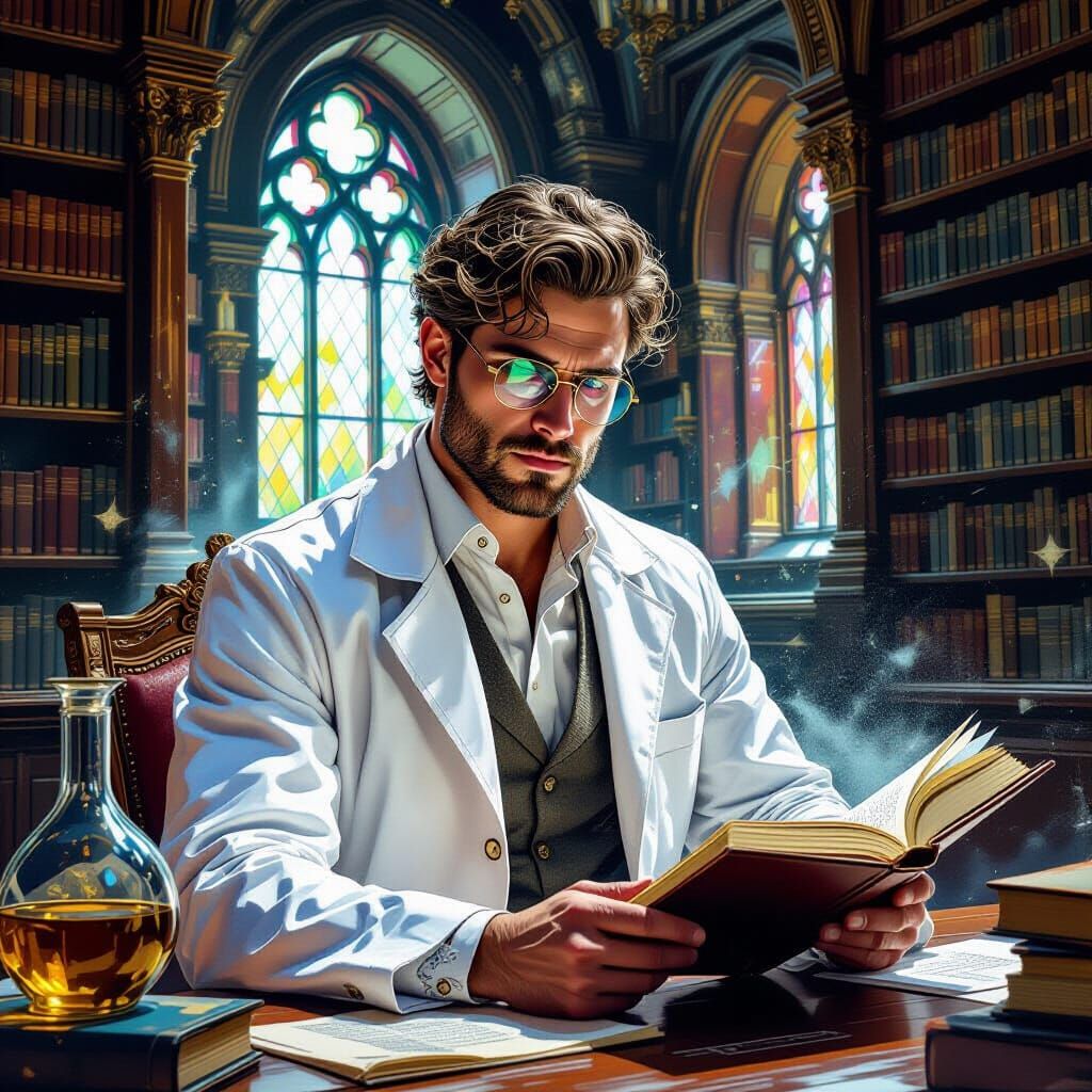 Scientist in Medieval Library, Hyperrealistic Concept Art