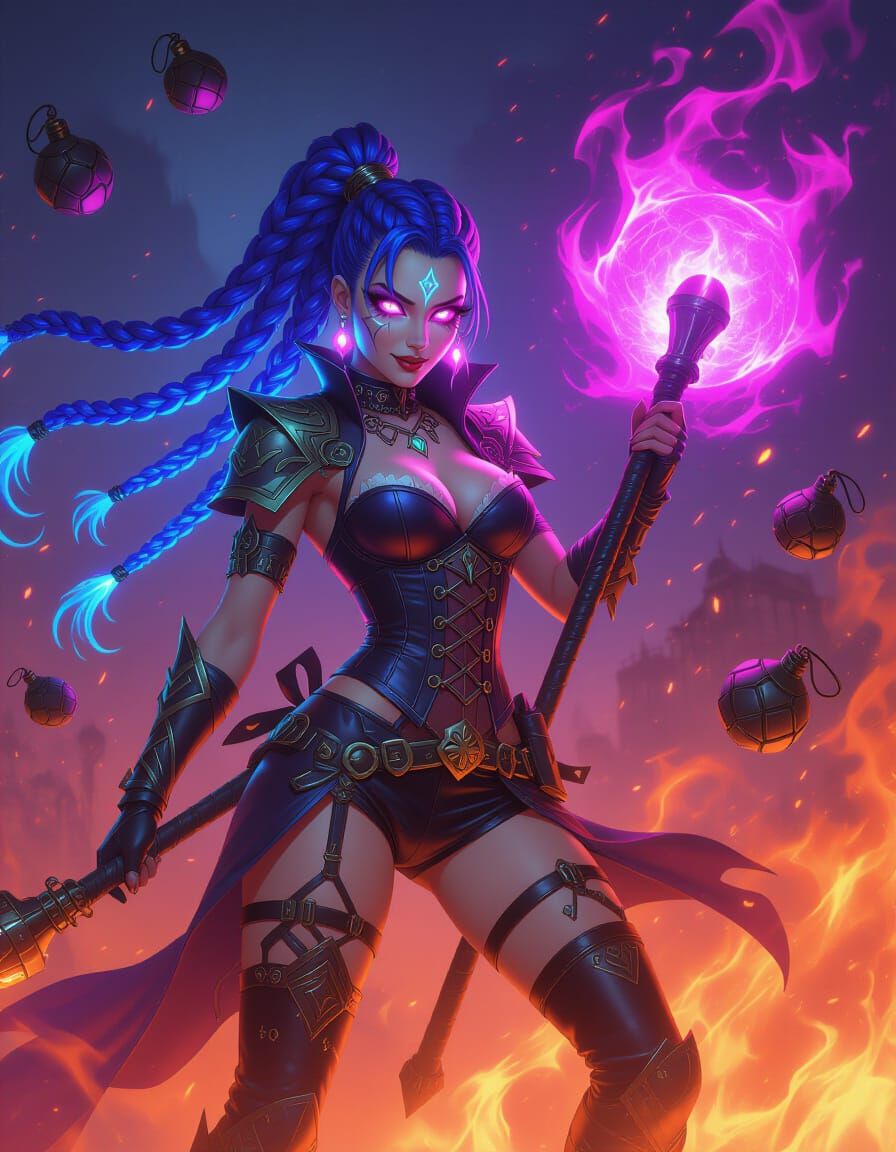 Enchantress Wielding Magic Staff in Fantasy Art Style