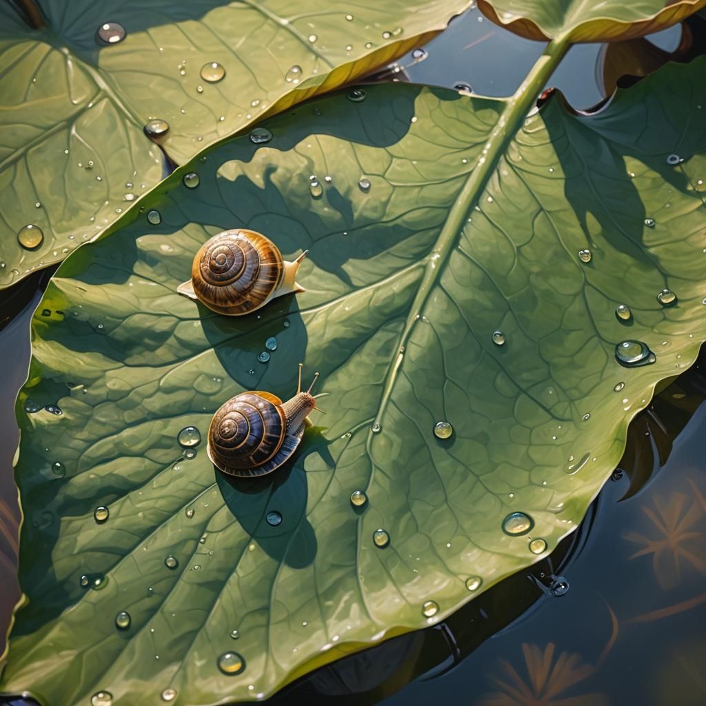 Snail on Lotus Leaf in Pond: Oil Painting