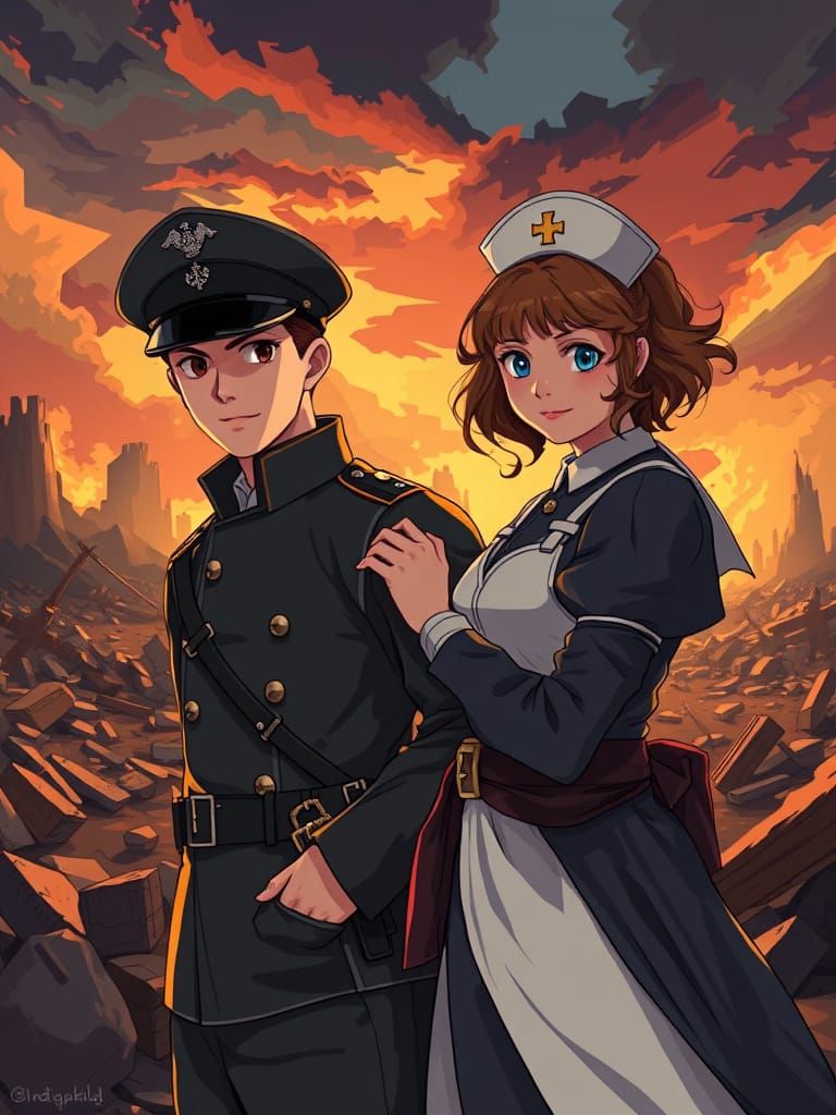 WWI Love in Vibrant Cel-Shaded Anime Style