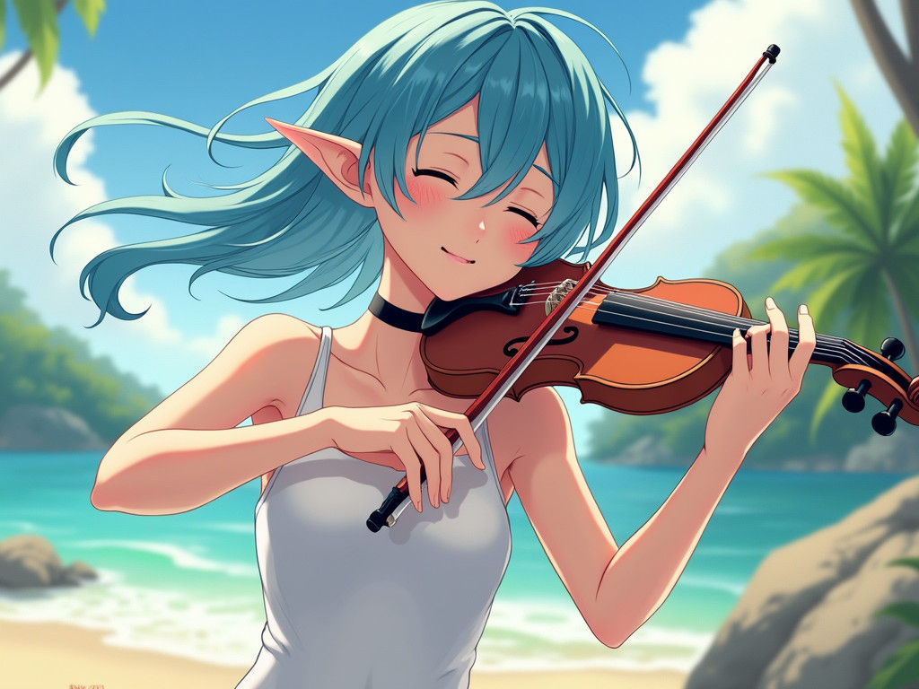 Elf Woman Playing Violin in Anime Style