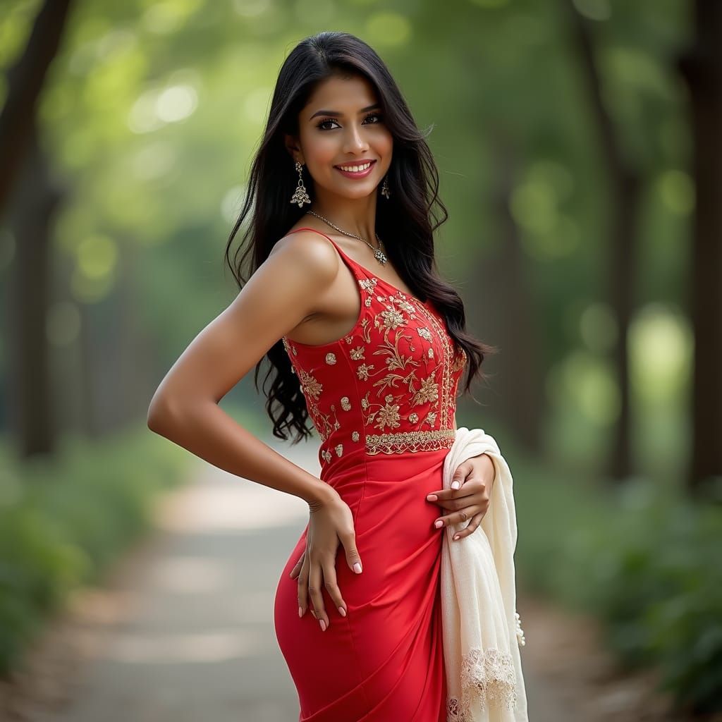 Elegant Indian Transgender Woman in Red Dress
