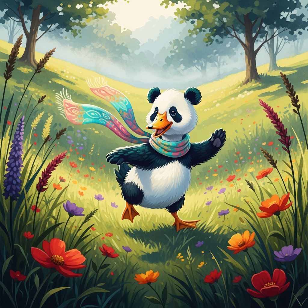 Whimsical Duck-Panda Hybrid in Lush Meadow