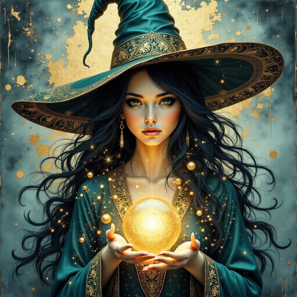 Ancient Gold Witch Adorned in Teal and Gold Regalia