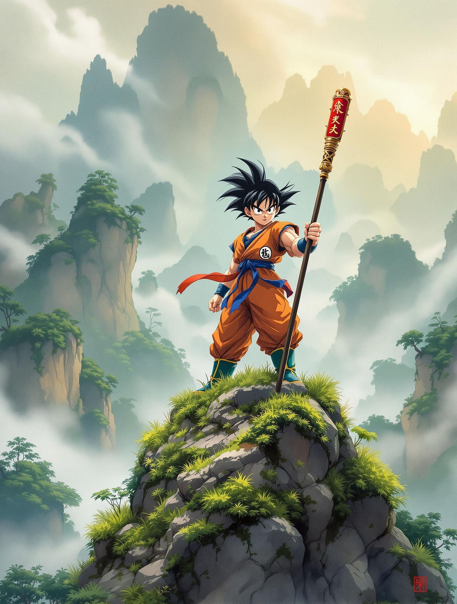 Heroic Goku in Traditional Chinese Landscape Style