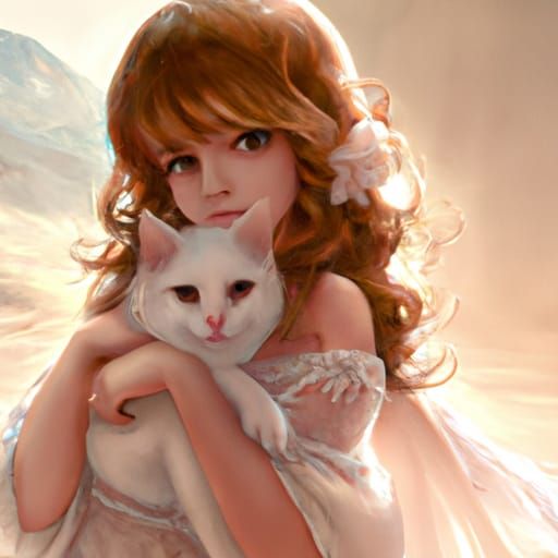 Anime Girl with Kitten on White Sand Beach