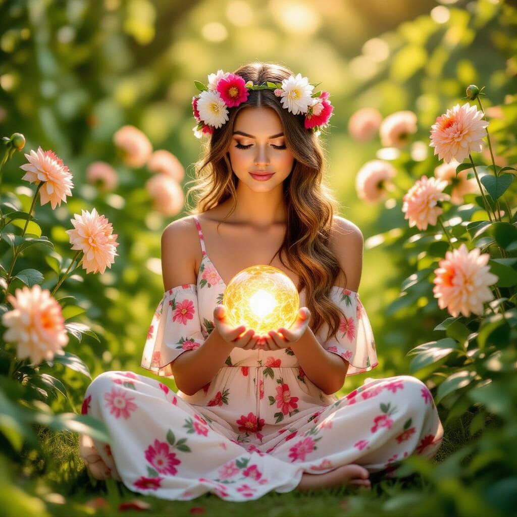 Woman with Golden Orb in Fantasy Garden