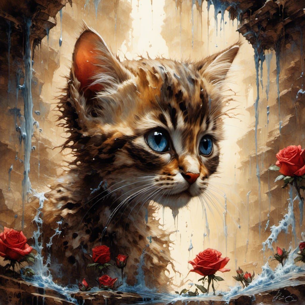 Chocolate Kitten Under Milk Waterfall: Digital Airbrush Art