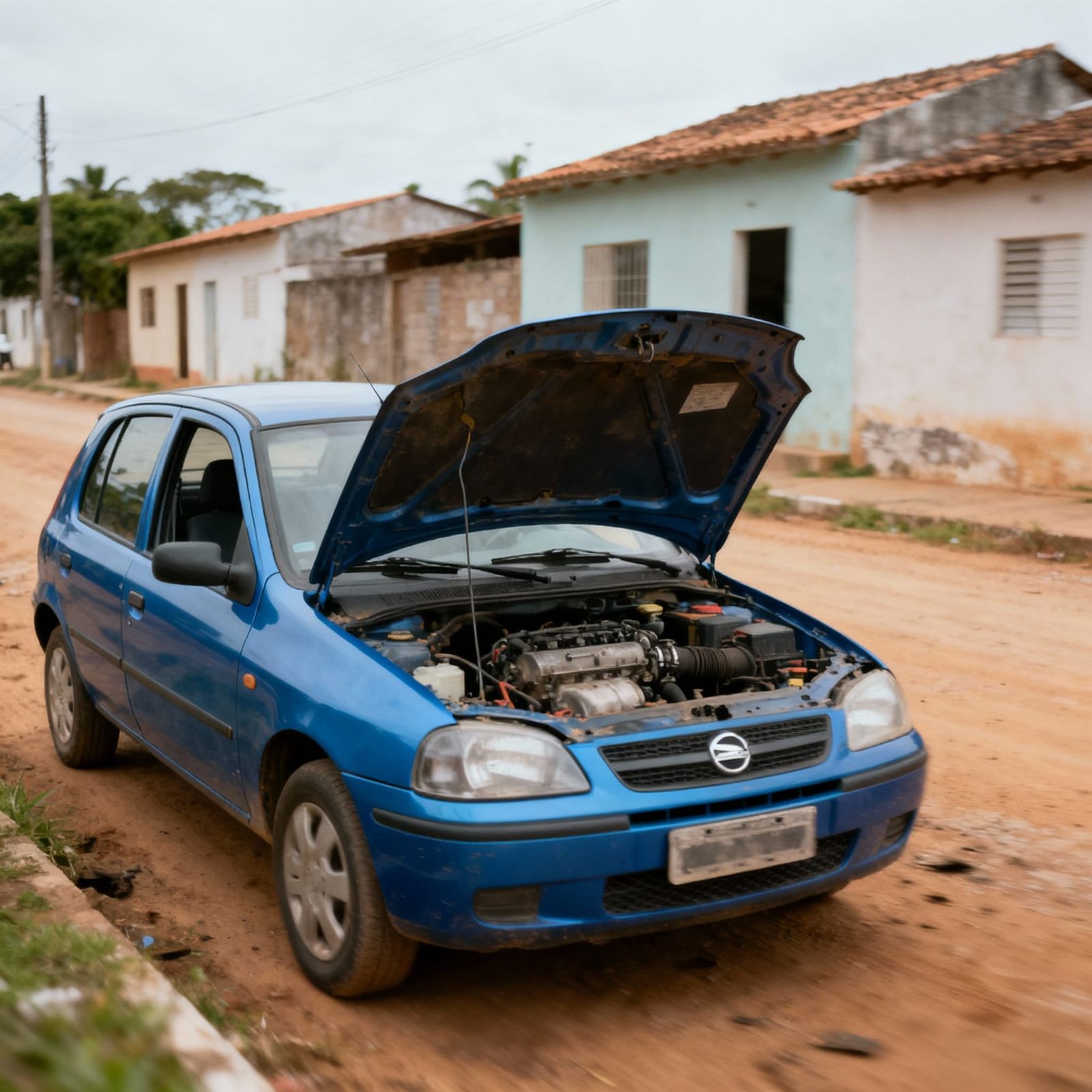 Blue Celta Car Hood Up on Dirt Road in Ceará