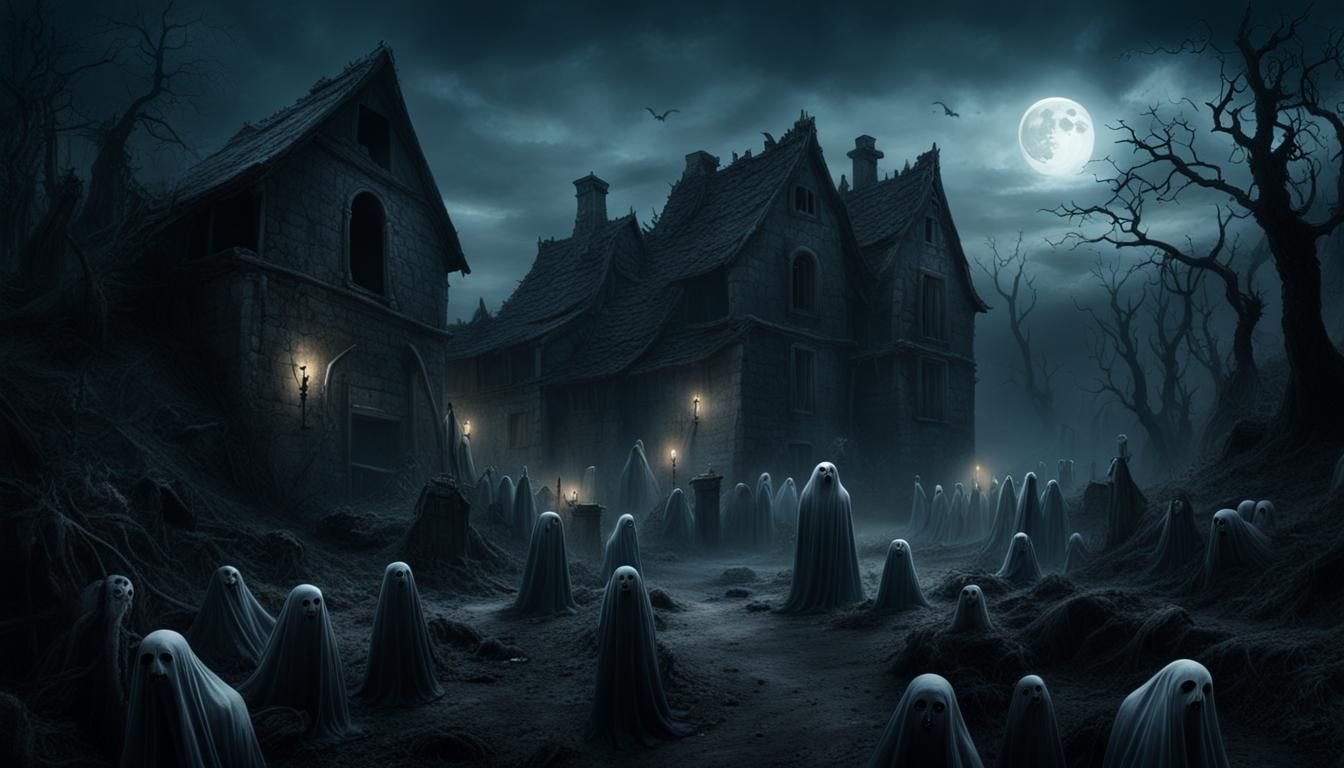 Haunted Village with Sinister Ghosts in Impasto Style