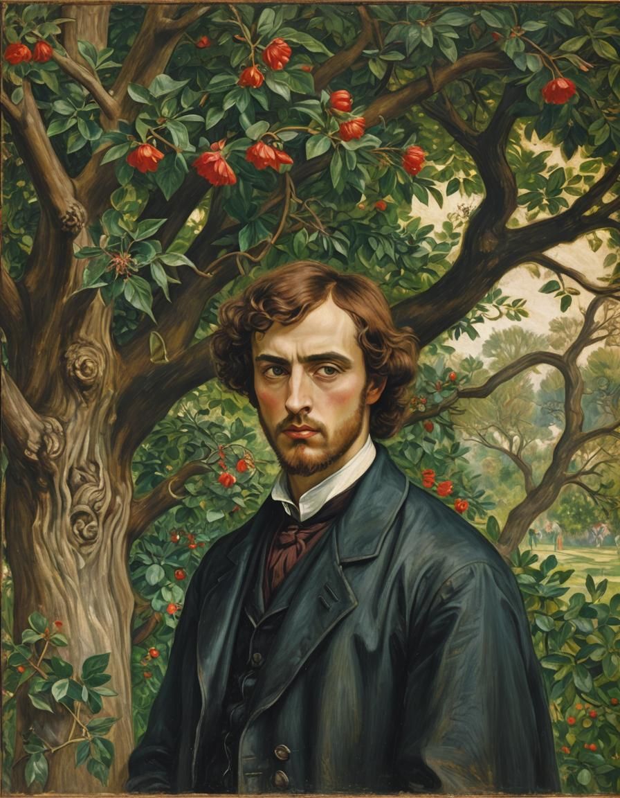 Pre-Raphaelite Self-Portrait with Floral Background