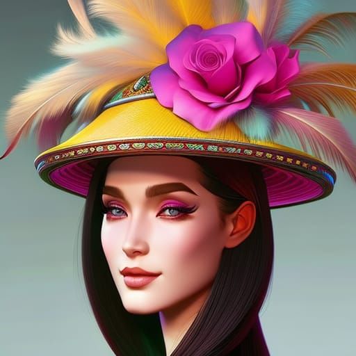 Whimsical Hat Portrait in Art Nouveau Style