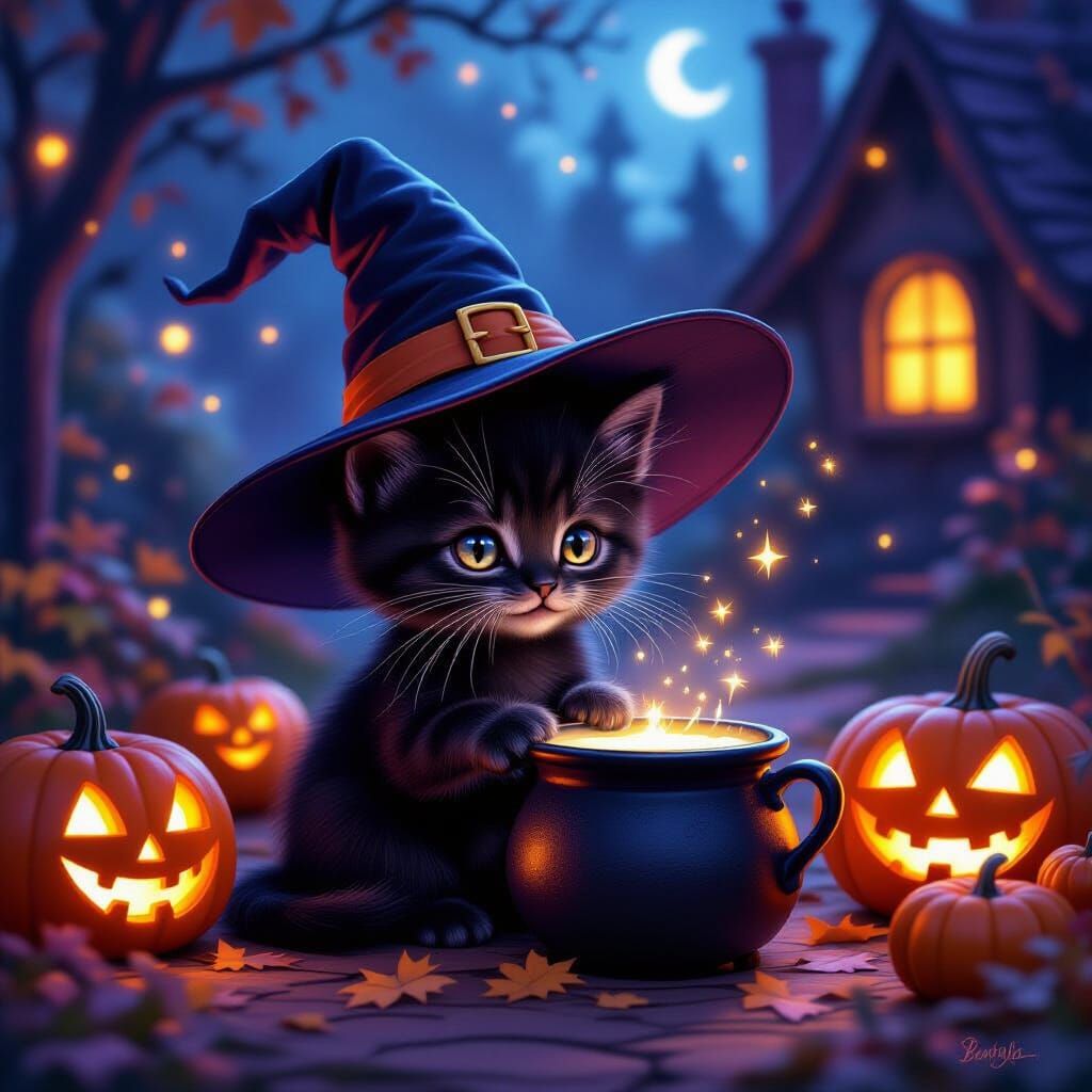 Cute Kitten in Witch Hat Beside Bubbling Cauldron