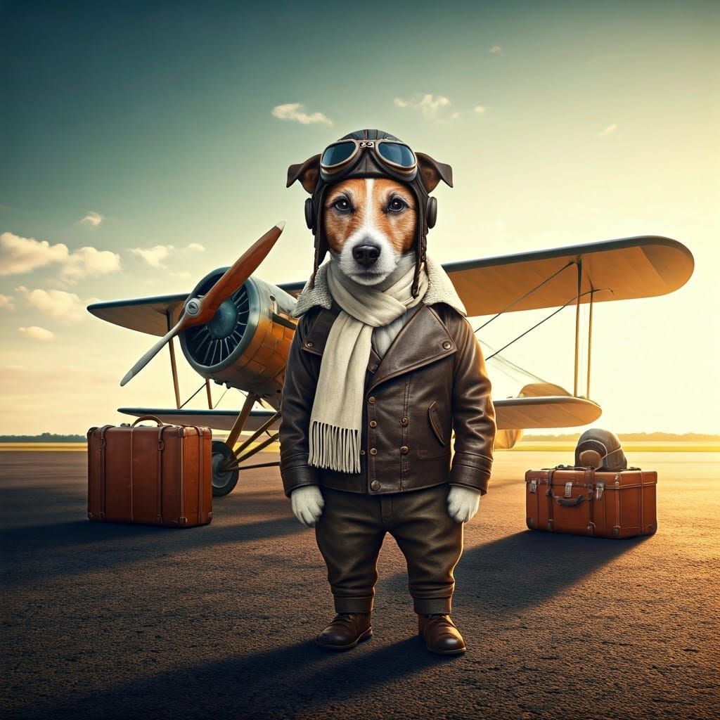 Retro Aviator Jack Russell Terrier Takes Flight