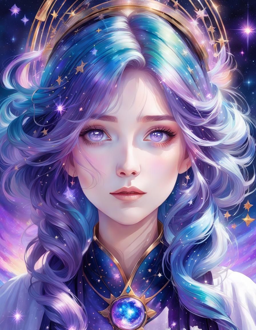 Iridescent Galaxy Hair Portrait in Digital Art Style