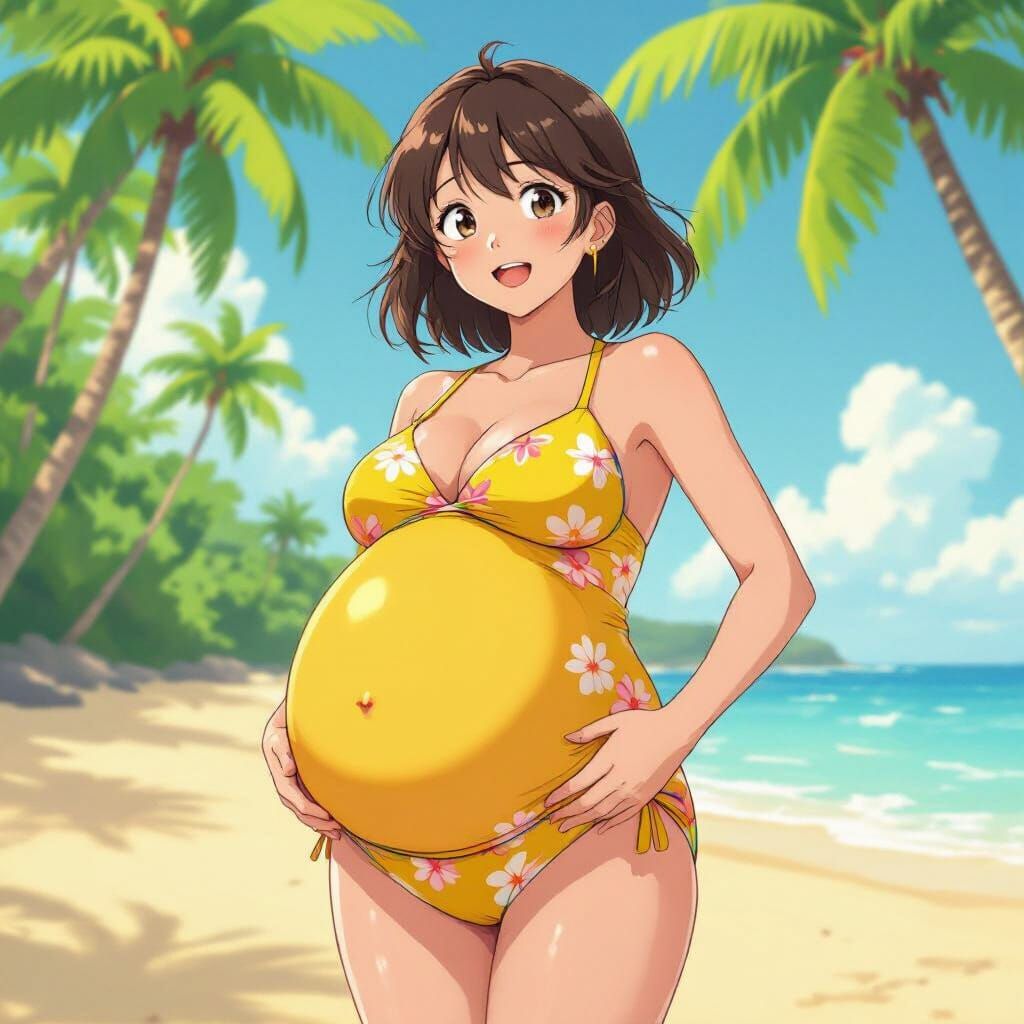 Anime Woman With Large Belly on Sunny Beach