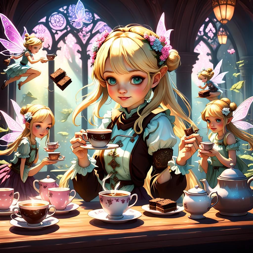 Enchanting Tea Party with Fairies, Dark Fantasy Art