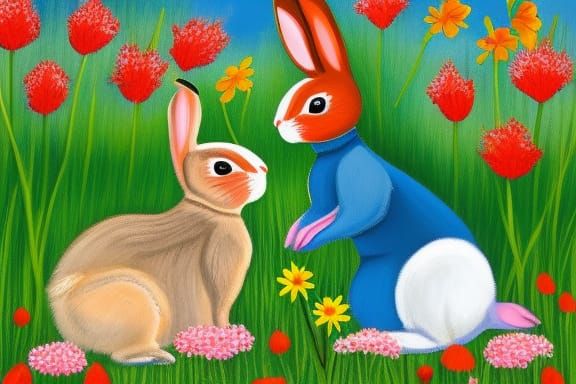 Rabbits Celebrate Mother's Day in Spring Garden